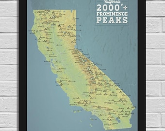 18 x 24 poster met kaart van Californië 2000' Prominence Peaks