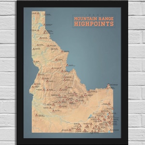 Idaho Gebirgskette Highpoints Map 18x24 Poster