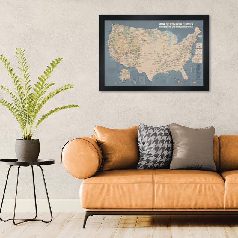 May include: A framed map of the United States, showcasing the National Park System and National Forest System. The map is in a black frame and hangs above a tan leather sofa with decorative pillows. A potted plant sits on a black side table.