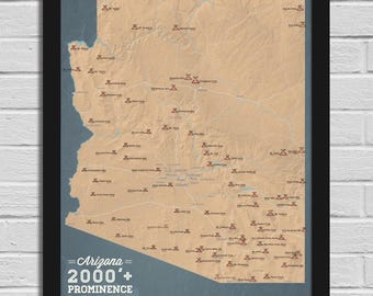 Kaart van 18 x 24 met kaart van Arizona 2000' Prominence Peaks