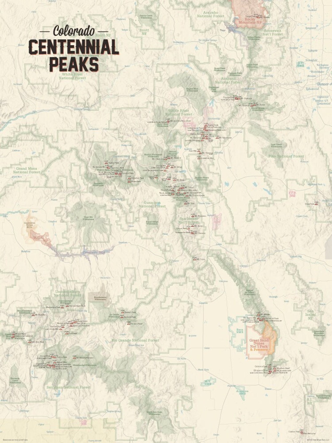 Colorado 'centennial Peaks' Map 18x24 Poster - Etsy