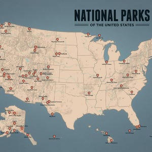 May include: A map of the United States, featuring red pin markers denoting National Parks. The title "NATIONAL PARKS OF THE UNITED STATES" is displayed in dark blue. The map is tan with a blue background, showcasing the park locations.