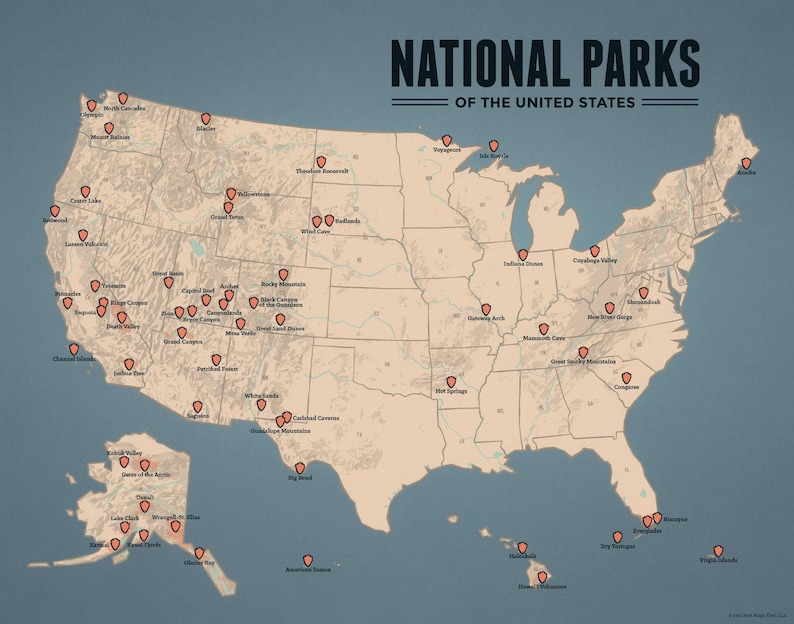 May include: A map of the United States, featuring red pin markers denoting National Parks. The title "NATIONAL PARKS OF THE UNITED STATES" is displayed in dark blue. The map is tan with a blue background, showcasing the park locations.