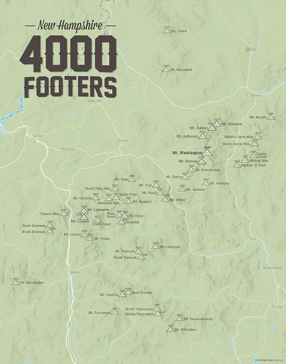 4000 footers nh map New Hampshire 4000 Footers Map 11x14 Print Etsy