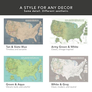 May include: Four map prints of the United States in different color schemes: tan and slate blue, army green and white, green and aqua, and white and gray. Each map is labeled with a color description and a style description.