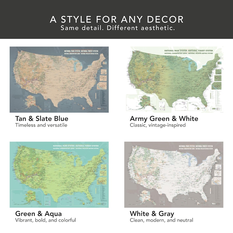 May include: Four map prints of the United States in different color schemes: tan and slate blue, army green and white, green and aqua, and white and gray. Each map is labeled with a color description and a style description.