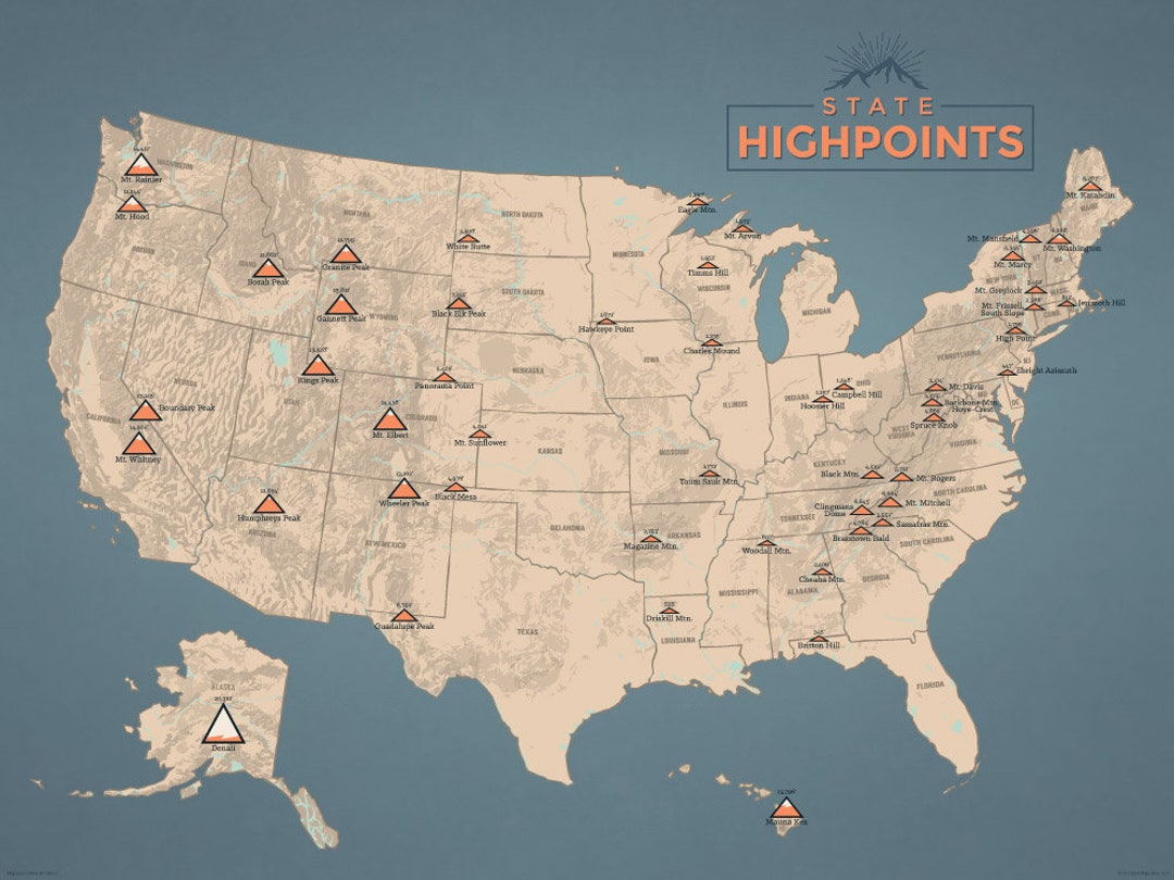 State Highpoints Map 18x24 Poster - Etsy
