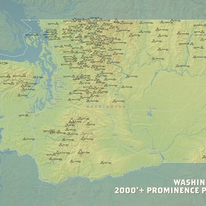 Washington 2000' Prominence Peaks Karte 18x24 Poster