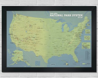 US National Park System Map 24x36 Poster, National Parks Checklist Map, National Park Service Travel Tracker, USA Wall Art