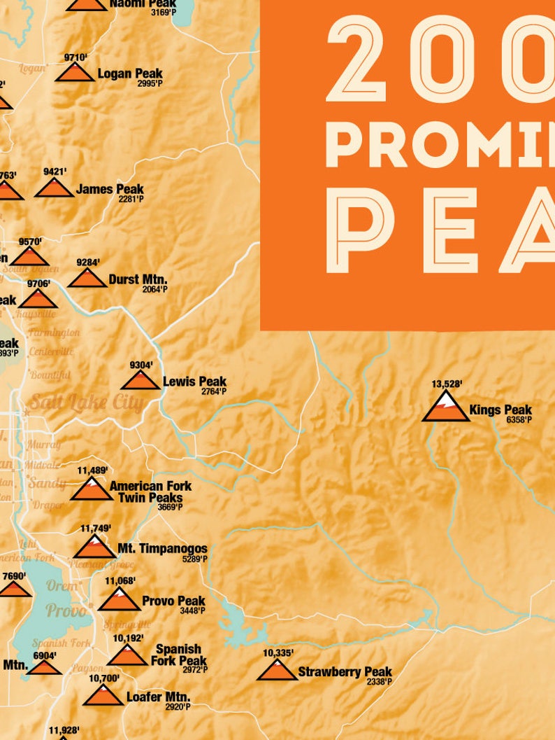 Utah Prominent Peaks Map 18x24 Poster Etsy