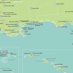 May include: A map of the United States showing the locations of various National Wildlife Refuges (NWR). The map is in a light green color with blue water. The NWRs are marked with white squares and the names of the refuges are listed in black text.