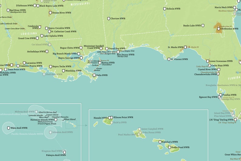 May include: A map of the United States showing the locations of various National Wildlife Refuges (NWR). The map is in a light green color with blue water. The NWRs are marked with white squares and the names of the refuges are listed in black text.