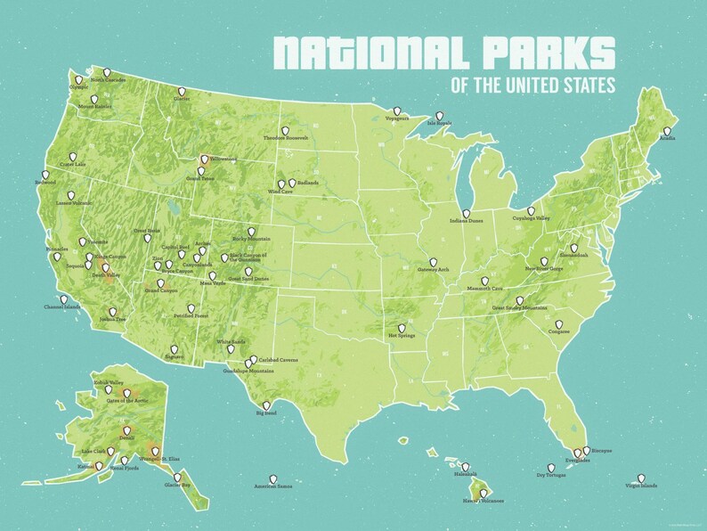 May include: A map of the United States with green landmasses and a teal background. The map highlights the locations of National Parks with white pin markers. The text "NATIONAL PARKS OF THE UNITED STATES" is at the top.