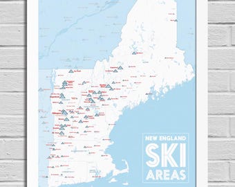 Kaart van skiresorts New England 18 x 24 poster, kaart skigebieden, skicadeau voor skiërs, kunst aan de muur ski, volg je skitochten