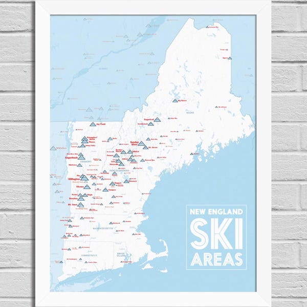 Poster con mappa delle stazioni sciistiche del New England (18x24 pollici), mappa delle aree sciistiche, regalo per sciatori, decorazione murale a tema sciistico, tieni traccia delle tue gite sulla neve