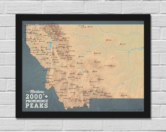Montana 2000' Prominence Peaks Map 18x24 Poster