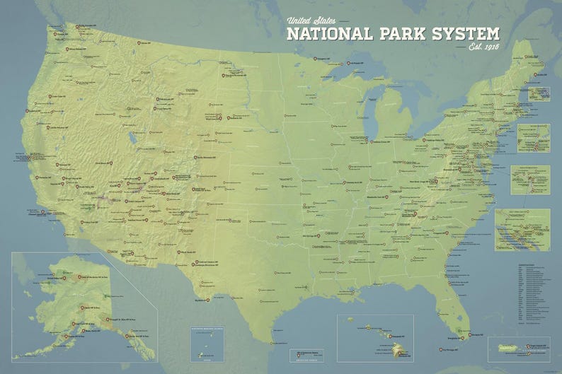 USA National Park System Units Checklist Map, National Park Service, NPS