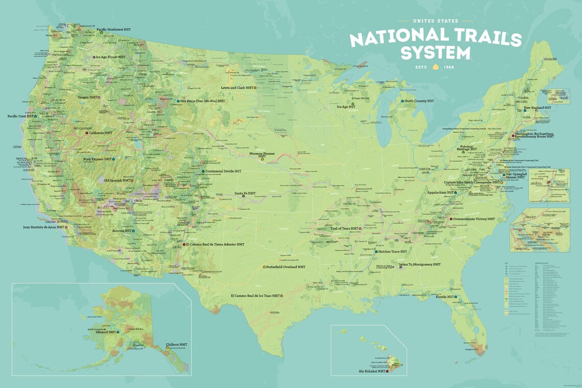 US National Trails System Map 24x36 Poster Etsy Il 3j55 