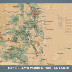 Póster de 18 x 24 con mapa de parques estatales y tierras federales de Colorado