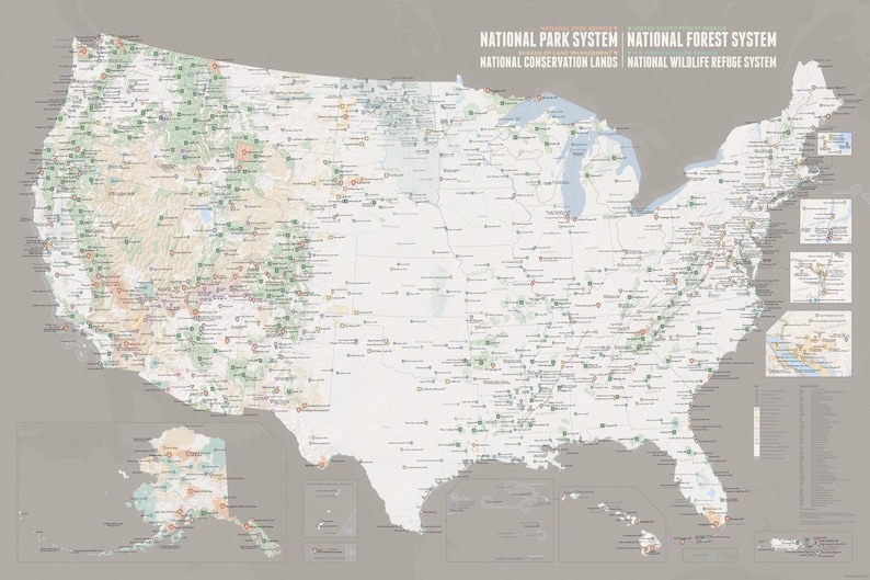 May include: A detailed map of the United States, highlighting national parks, forests, conservation lands, and wildlife refuges. The map features a neutral color palette with green and brown accents, and includes text labels for each location. The map is a visual guide to the country's protected areas.