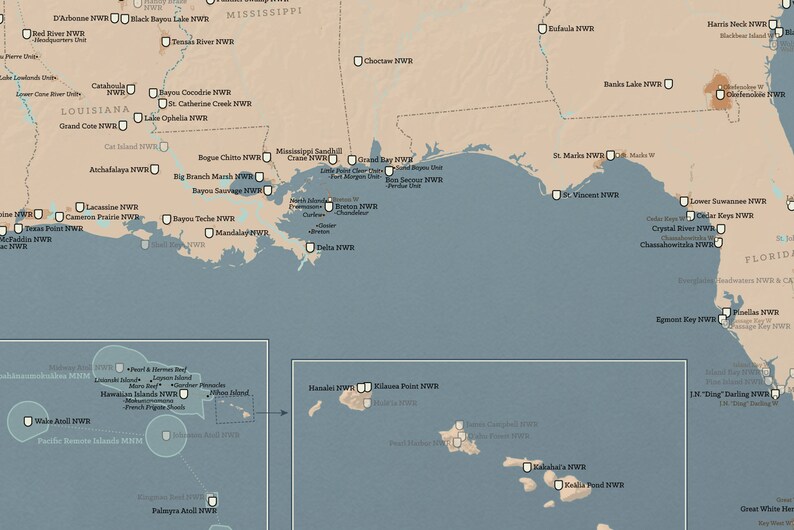 May include: A map of the United States showing the locations of various National Wildlife Refuges (NWR). The map is in a blue and beige color scheme. The map includes the states of Louisiana, Mississippi, Florida, and Hawaii. The map also includes the names of the NWRs.