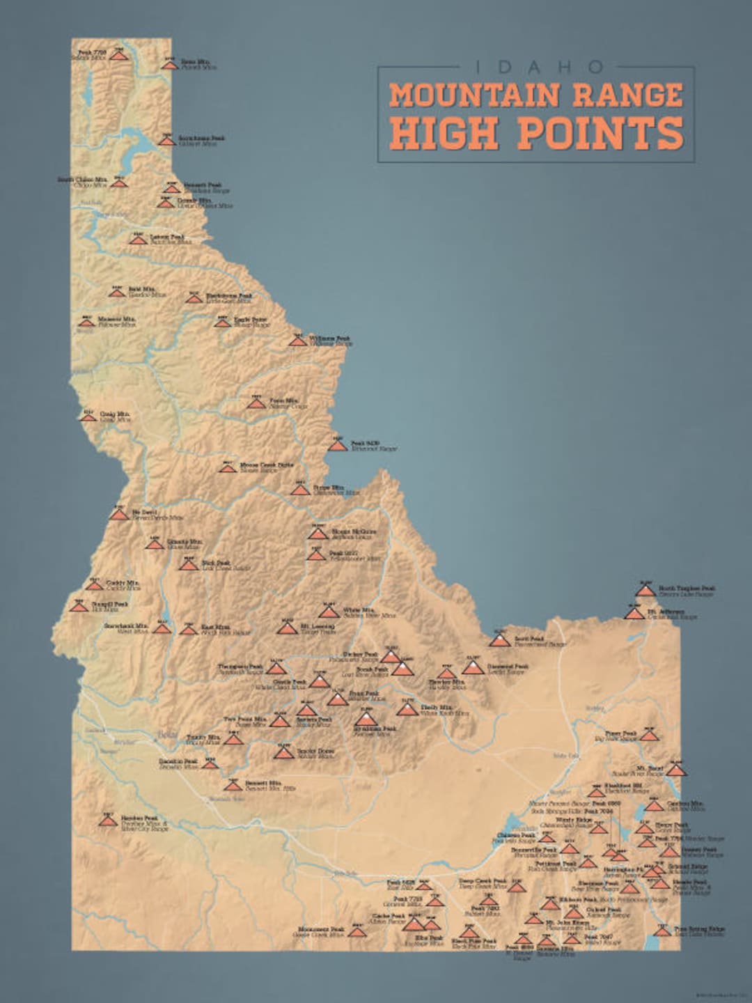 Idaho Mountain Range Highpoints Map Poster