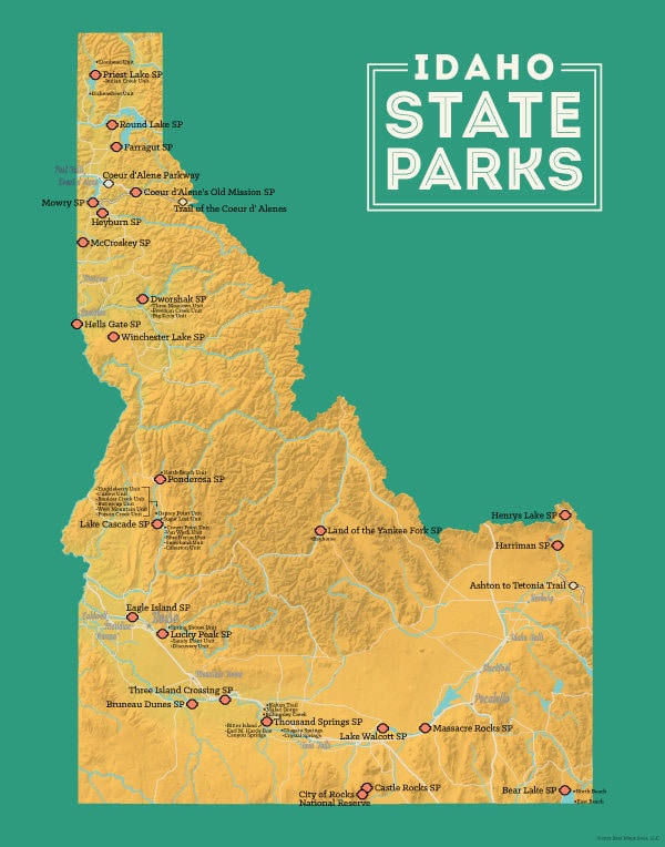 Idaho State Parks Map 11x14 Print Etsy