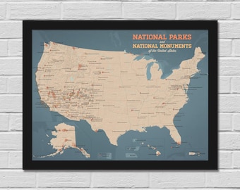 US National Parks & Monuments Map 18x24 Poster – 63 Parks + 138 Monuments, Travel Map Poster