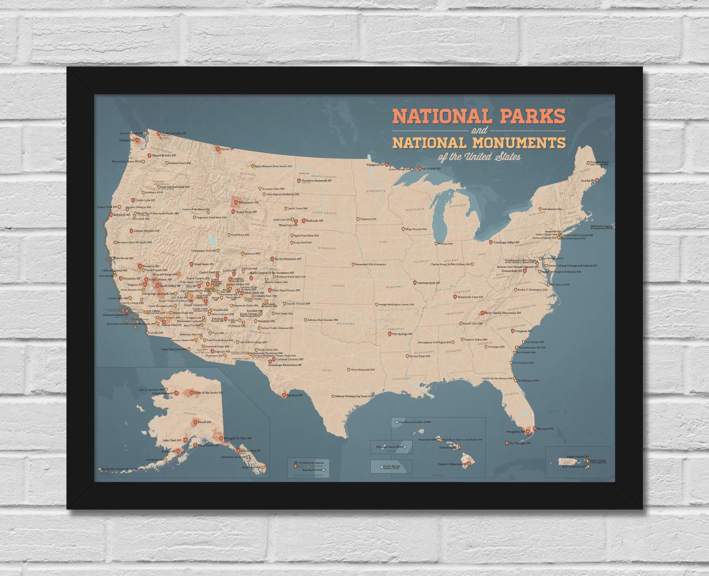 US National Parks & Monuments Map 18x24 Poster – 63 Parks + 138