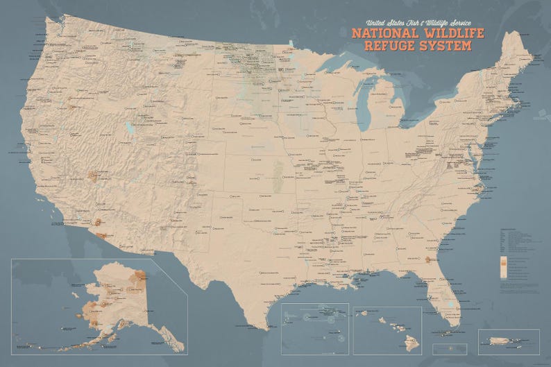 US National Wildlife Refuge System Checklist Map  Poster, FWS, USFWS