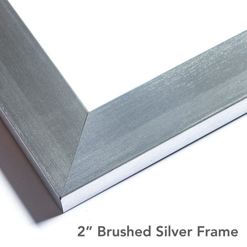 Puede incluir: Un marco de fotos de 5,08 cm de ancho con acabado en plata cepillada. El marco presenta una uni&oacute;n en esquina a inglete y una superficie met&aacute;lica texturizada. El texto 2" Brushed Silver Frame aparece impreso en la parte inferior.