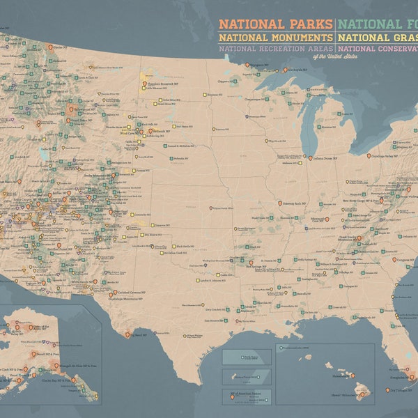 US National Parks, Monuments, & Forests Map 24x36 Poster