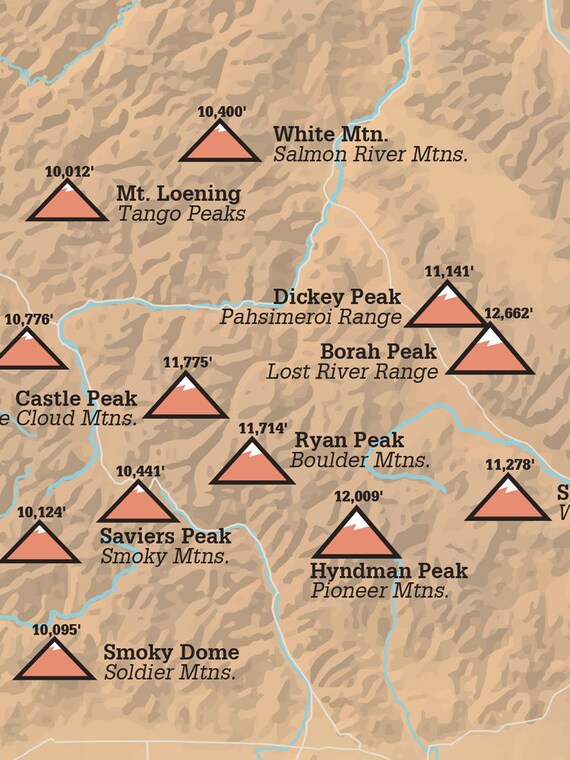 Idaho Mountain Ranges Map Idaho Mountain Range Highpoints Map 18X24 Poster - Etsy