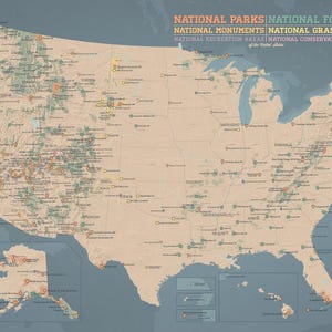Póster de 24 x 36 del mapa de parques nacionales, monumentos y bosques de EE. UU.