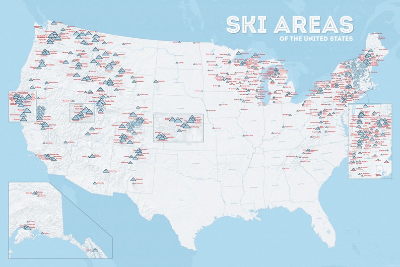 US Ski Resorts Map 24x36 Poster Etsy