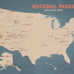 May include: A vintage-style map of the United States, highlighting National Parks. The map is in muted tones of beige and brown, with red markers indicating park locations. The title "NATIONAL PARKS of the United States" is displayed in a retro font.