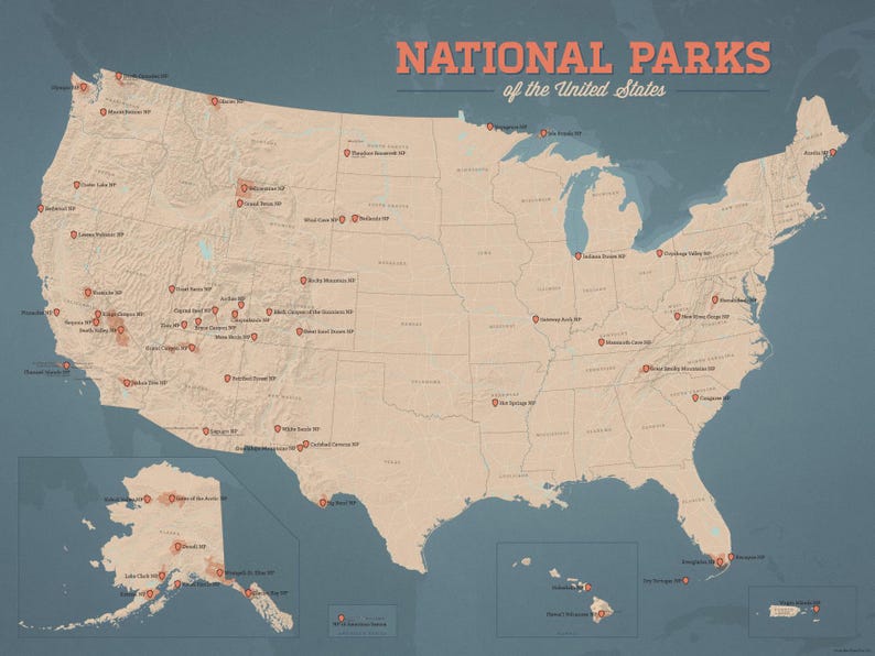 May include: A vintage-style map of the United States, highlighting National Parks. The map is in muted tones of beige and brown, with red markers indicating park locations. The title "NATIONAL PARKS of the United States" is displayed in a retro font.