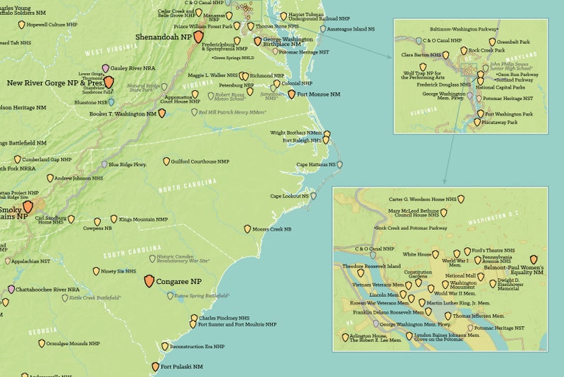 May include: A map of the United States highlighting national parks and historical sites. The map is colored in shades of green and blue, with orange markers indicating the locations of the parks and sites. The map includes text labels for each location, such as "Shenandoah NP", "Congaree NP", and "Fort Pulaski NM".