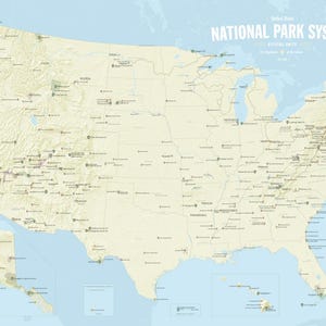 USA National Park System Units Map Poster - beige & opal blue