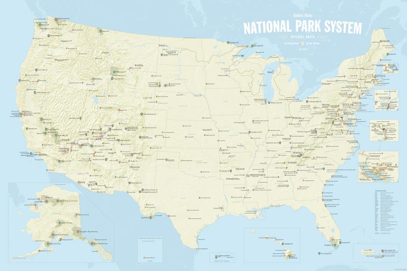 USA National Park System Units Map Poster - beige & opal blue