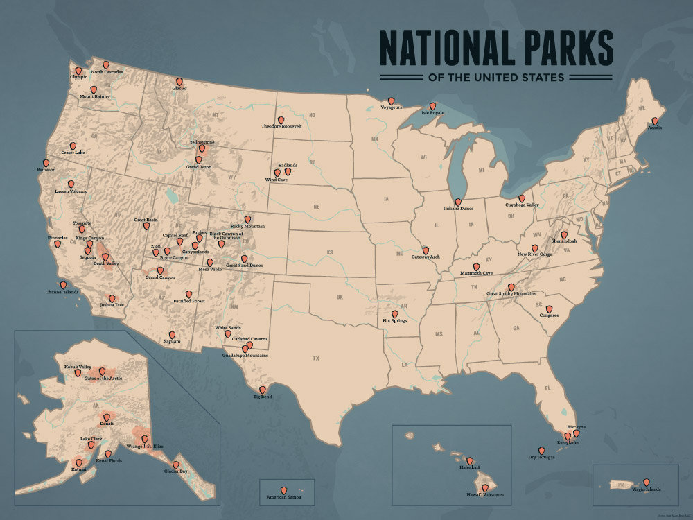 National Parks Map Poster Us National Parks Map 18X24 Poster | Etsy Australia