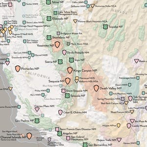 May include: A detailed map of the western United States, highlighting national parks and protected areas. The map uses a variety of colors and symbols to denote different locations, including Yosemite, Death Valley, and the Channel Islands.
