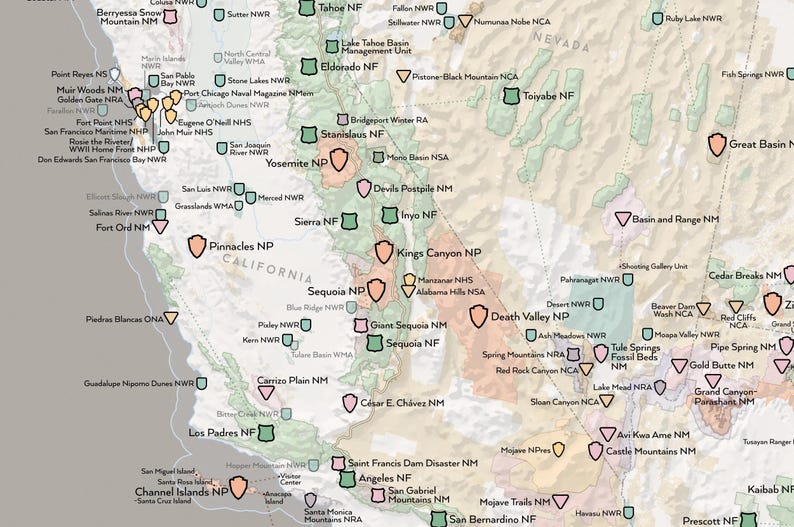 May include: A detailed map of the western United States, highlighting national parks and protected areas. The map uses a variety of colors and symbols to denote different locations, including Yosemite, Death Valley, and the Channel Islands.