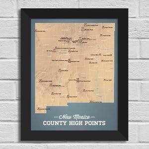 Hoogtepunten kaart van New Mexico County, 11 x 14, afdrukken