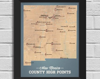 New Mexico County Highpoints Map 11x14 Print