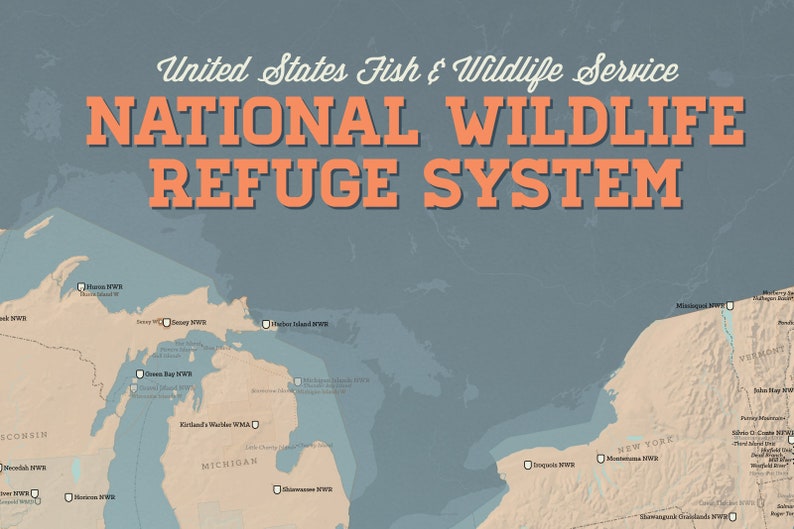 May include: A map of the United States showing the locations of various National Wildlife Refuges. The map is labeled "United States Fish & Wildlife Service National Wildlife Refuge System".