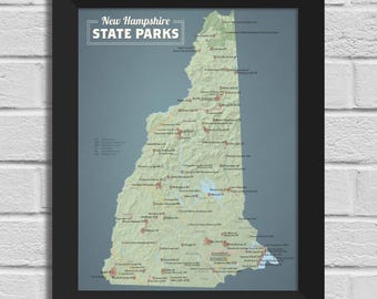Kaart van de staatsparken van New Hampshire, 11 x 14, afdrukken