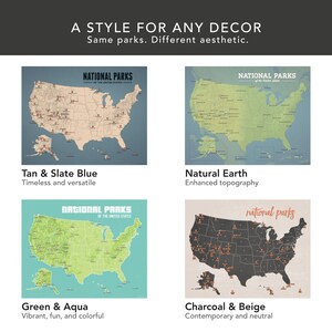 May include: Four United States map prints with varied colour schemes. The top left is tan and slate blue, the top right is natural earth, the bottom left is green and aqua, and the bottom right is charcoal and beige. Text at the top reads "A STYLE FOR ANY DECOR".