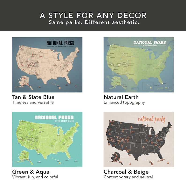 May include: Four United States map prints with varied colour schemes. The top left is tan and slate blue, the top right is natural earth, the bottom left is green and aqua, and the bottom right is charcoal and beige. Text at the top reads "A STYLE FOR ANY DECOR".