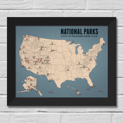 Carte des parcs nationaux des États-Unis, impression 11 x 14, tous les 63 parcs, carte de liste de contrôle de voyage, art mural des États-Unis